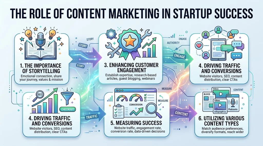 An infographic titled "THE ROLE OF CONTENT MARKETING IN STARTUP SUCCESS" illustrating key stages including storytelling, customer engagement, driving traffic, measuring success, and content types.