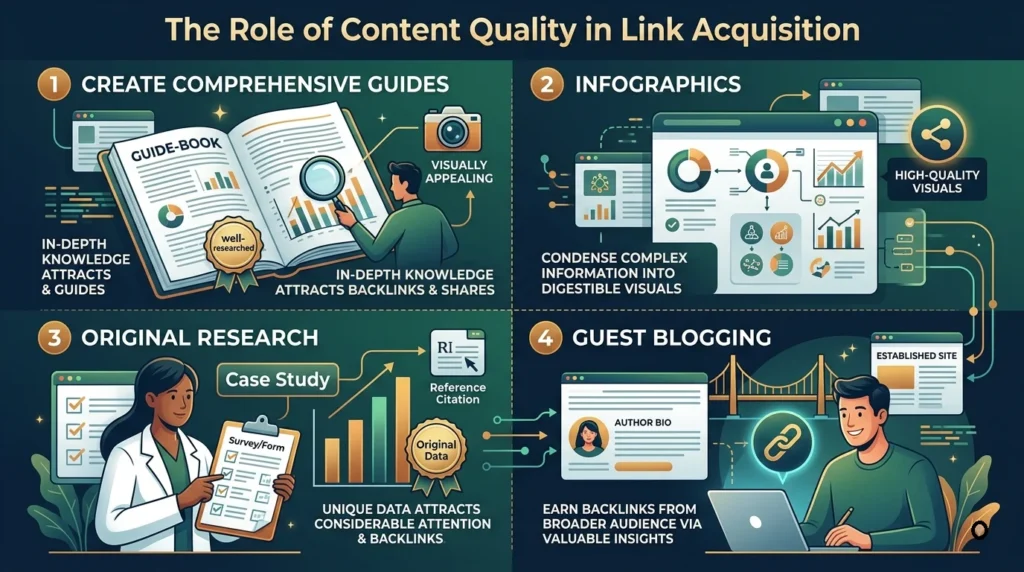 Infographic highlighting 4 strategies for acquiring backlinks through high-quality content.
