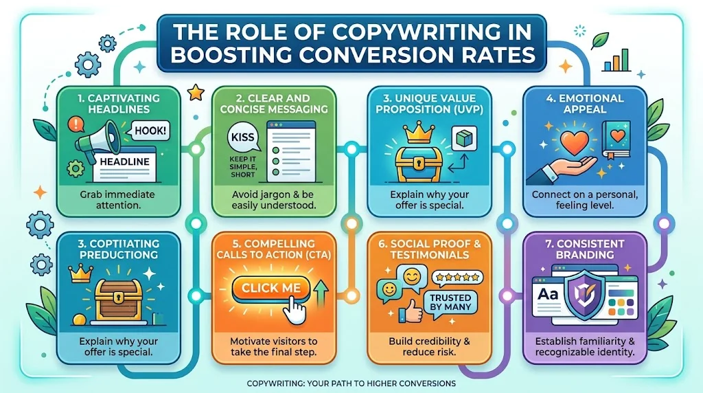 Infographic illustrating 7 key copywriting elements for boosting conversion rates.