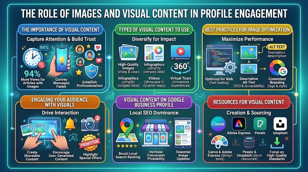 An infographic titled "The Role of Images and Visual Content in Profile Engagement" outlining six key areas: Importance of Visual Content, Types of Visual Content to Use, Best Practices for Image Optimization, Engaging Your Audience with Visuals, Visual Content on Google Business Profile, and Resources for Visual Content.