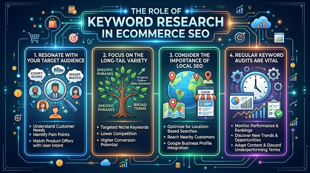 An infographic titled "The Role of Keyword Research in Ecommerce SEO," showing four steps: resonating with your audience, focusing on long-tail keywords, leveraging local SEO, and conducting regular keyword audits.