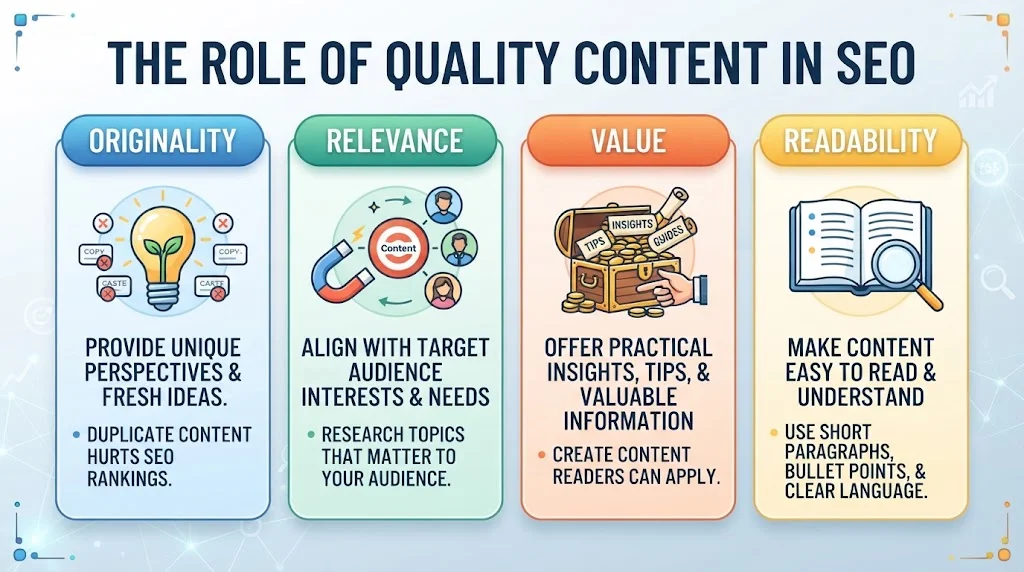 Infographic outlining the four pillars of SEO content: originality, relevance, value, and readability.