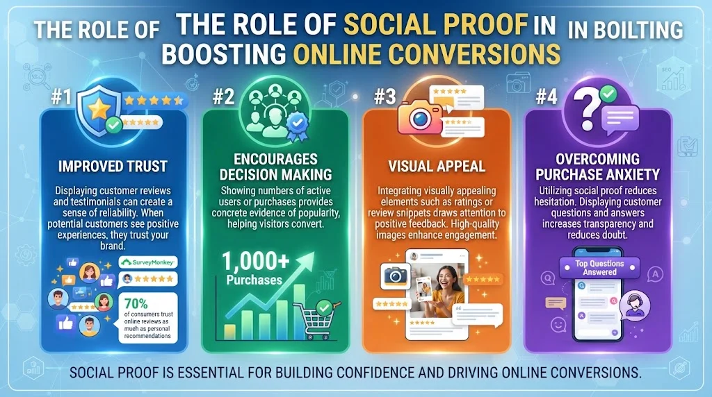 Infographic detailing four key roles of social proof in boosting conversions: improved trust, encouraged decision-making, visual appeal, and overcoming purchase anxiety.