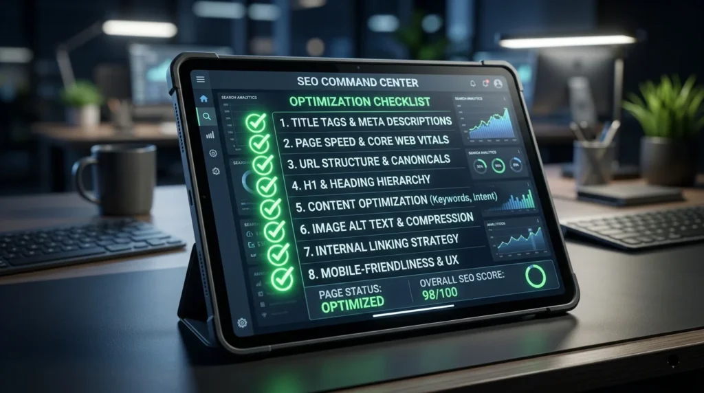 A digital tablet displays a glowing "SEO Optimization Checklist" on an office desk.