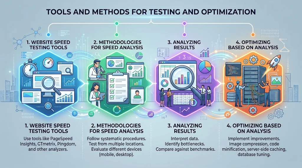 An infographic titled "TOOLS AND METHODS FOR TESTING AND OPTIMIZATION" illustrating a four-step process for website improvement, from using speed testing tools to implementing analysis-based optimizations.