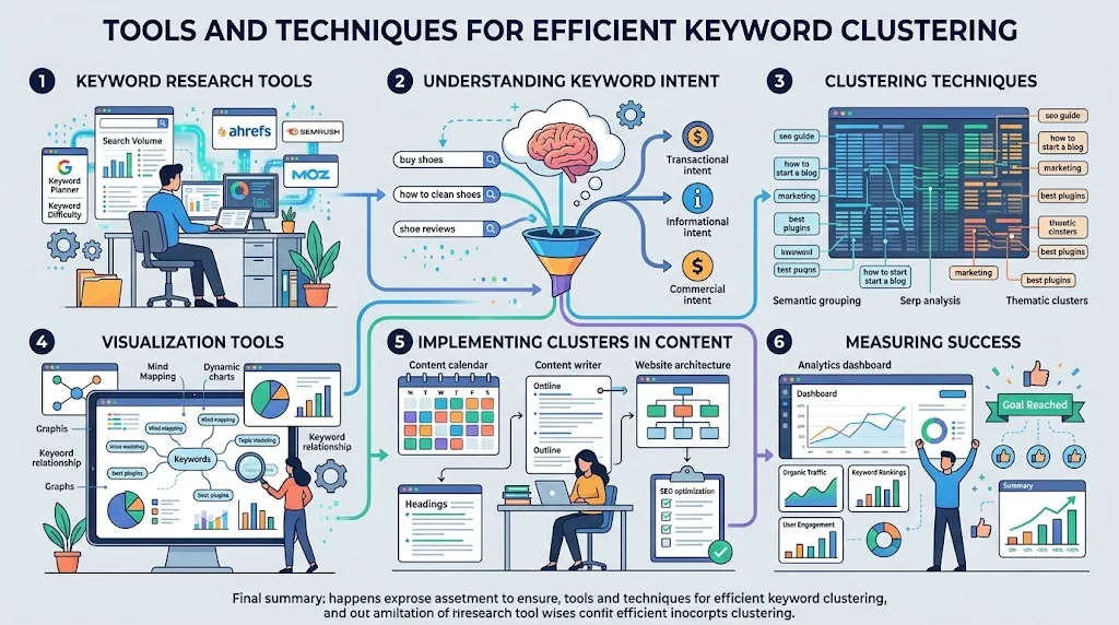 An infographic titled "TOOLS AND TECHNIQUES FOR EFFICIENT KEYWORD CLUSTERING" featuring 6 steps: 1. Keyword Research Tools, 2. Understanding Keyword Intent, 3. Clustering Techniques, 4. Visualization Tools, 5. Implementing Clusters in Content, and 6. Measuring Success.