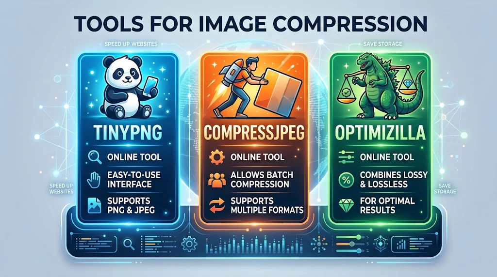 An infographic titled "TOOLS FOR IMAGE COMPRESSION" comparing three online services: TinyPNG with a panda mascot, CompressJPEG with a rocket-powered delivery person, and Optimizilla with a giant lizard and scales.