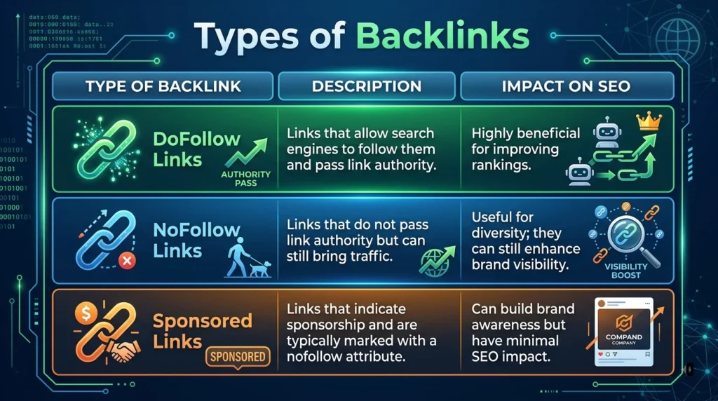 Infographic comparing DoFollow, NoFollow, and Sponsored backlinks and their impact on SEO.