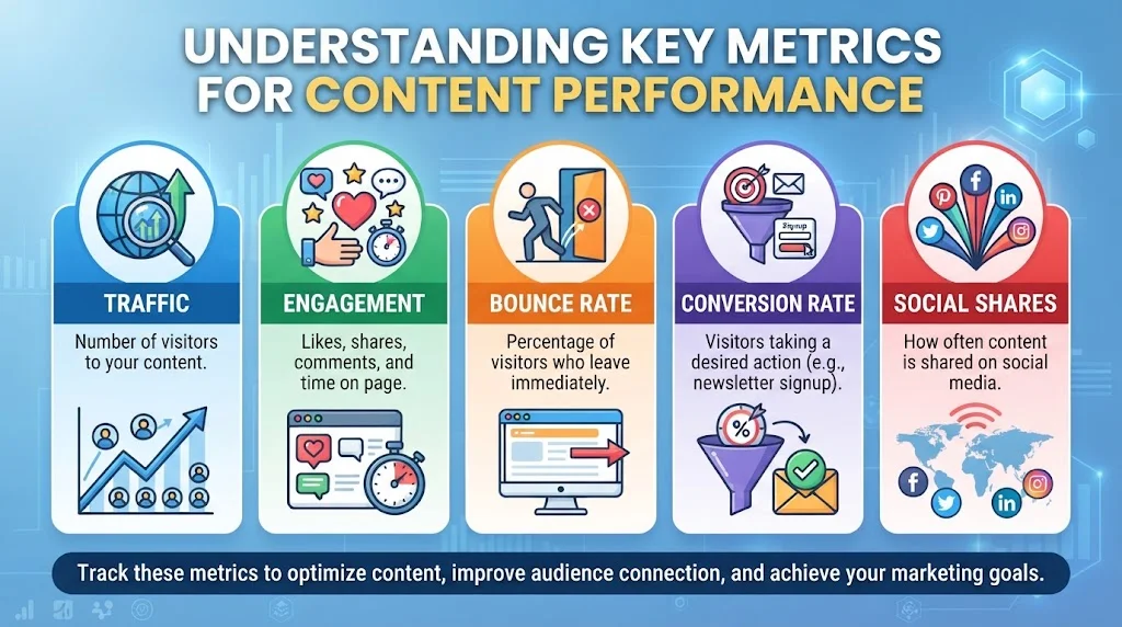 Infographic explaining key content performance metrics—Traffic, Engagement, Bounce Rate, Conversion Rate, and Social Shares—with descriptions for each.