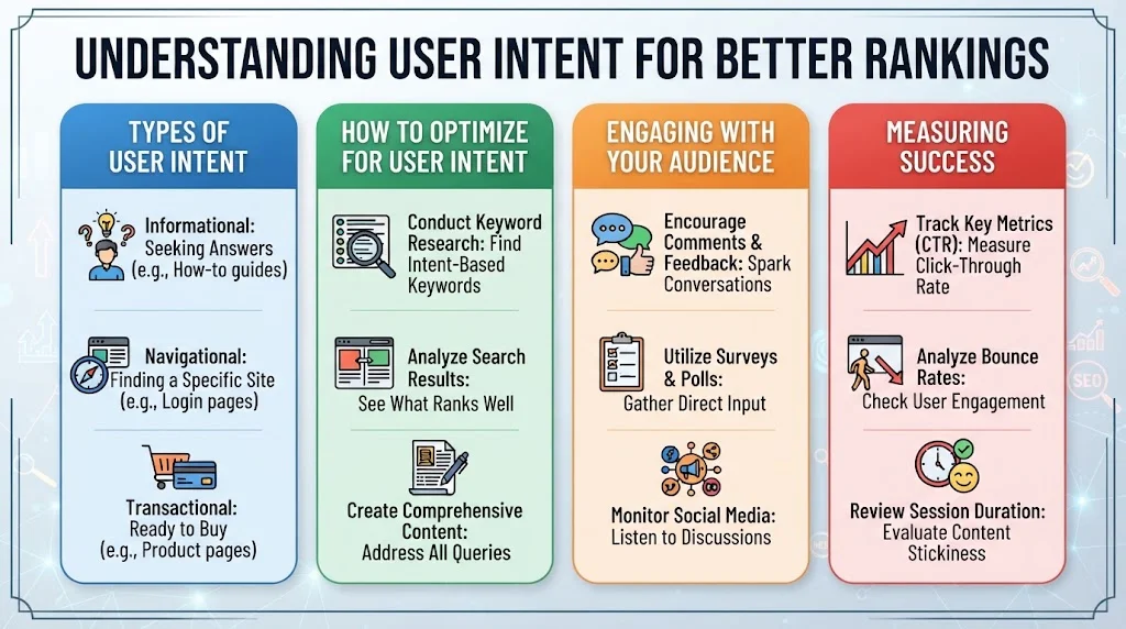 Infographic titled 'Understanding User Intent for Better Rankings' organized into four color-coded columns: Intent Types, Optimization, Engagement, and Measurement.