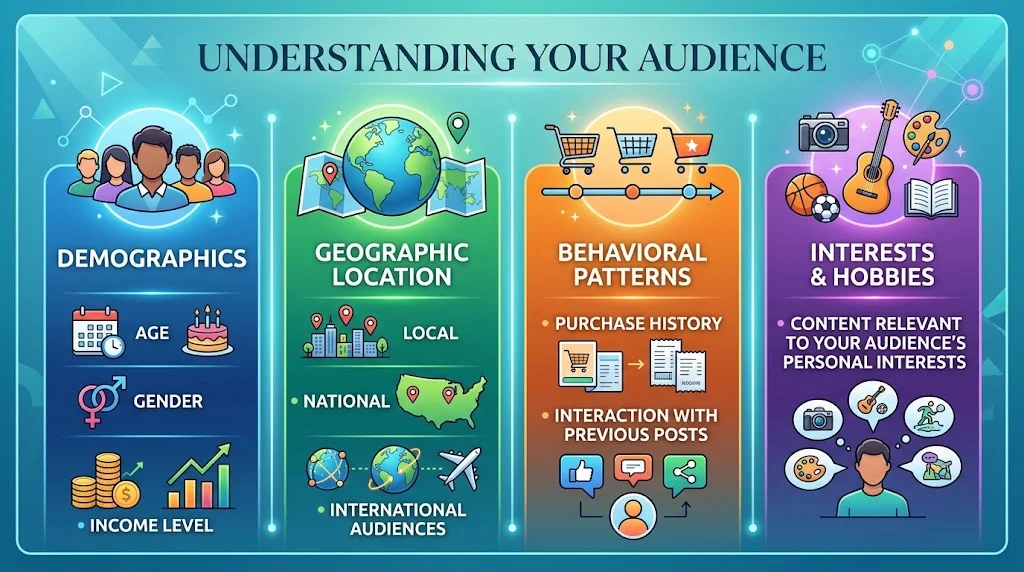 An infographic titled "UNDERSTANDING YOUR AUDIENCE," with four colorful panels for demographics, geographic location, behavioral patterns, and interests & hobbies, each showing illustrative icons and text.