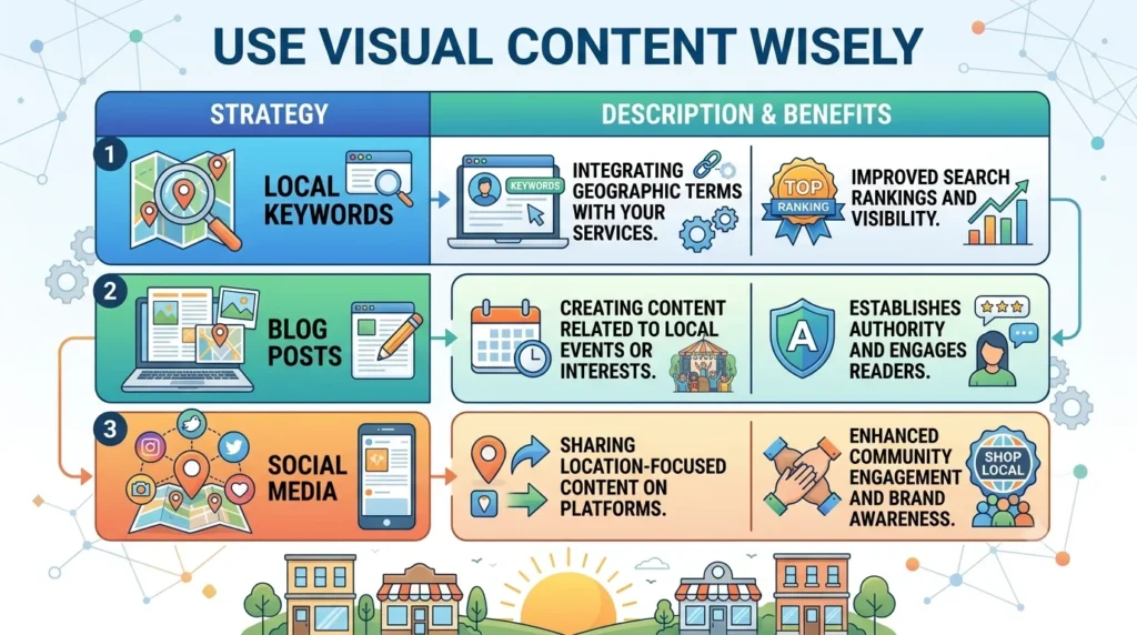 Infographic: Visual content strategies comparing Local Keywords, Blog Posts, and Social Media with descriptions and benefits.