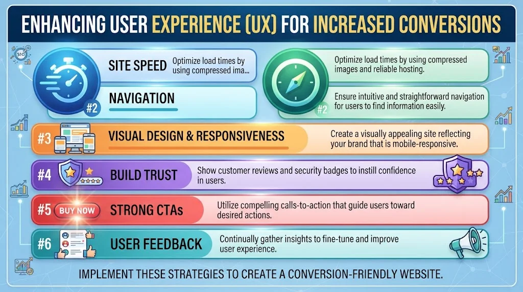 Infographic outlining core UX strategies to increase website conversions: site speed, navigation, visual design, trust building, strong CTAs, and user feedback.