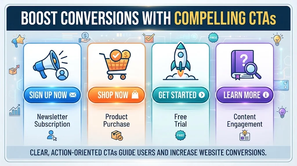 Infographic showcasing compelling call-to-action examples—Sign Up Now, Shop Now, Get Started, and Learn More—along with their encouraged actions.