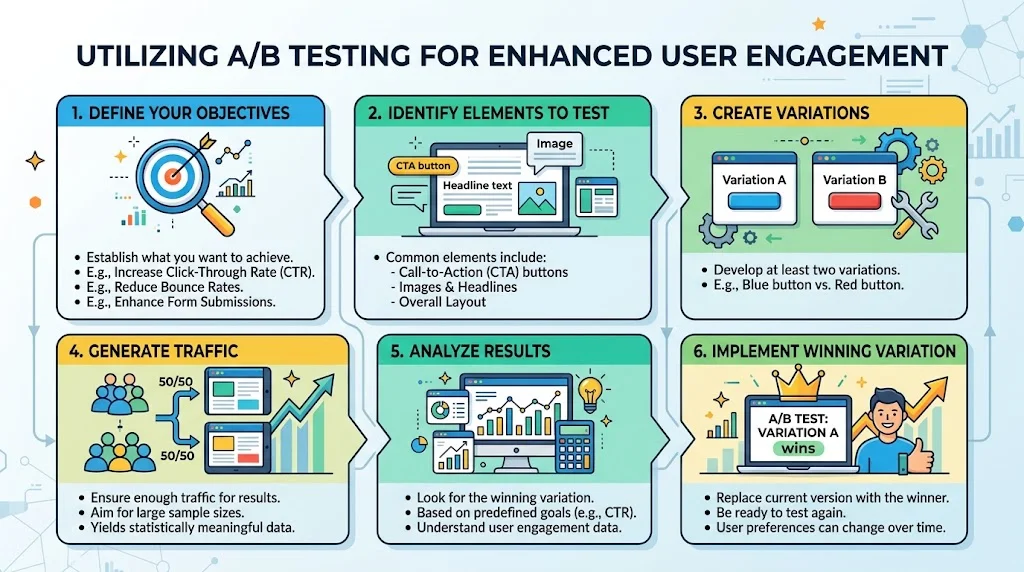 Infographic showing the 6 steps of A/B testing for user engagement.
