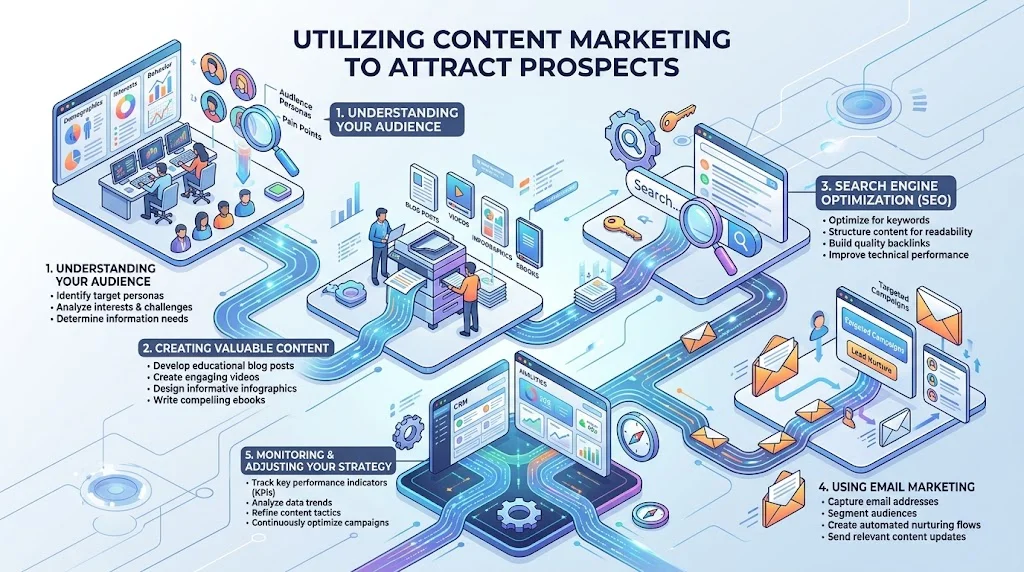 Isometric infographic detailing the five key steps of content marketing to attract prospects.