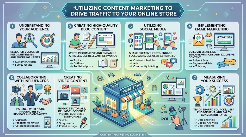An infographic titled "Utilizing Content Marketing to Drive Traffic to Your Online Store" depicting 7 core tactics: audience research, blog creation, social media, email marketing, influencer partnerships, video content, and measuring analytics around a central ecommerce shop.
