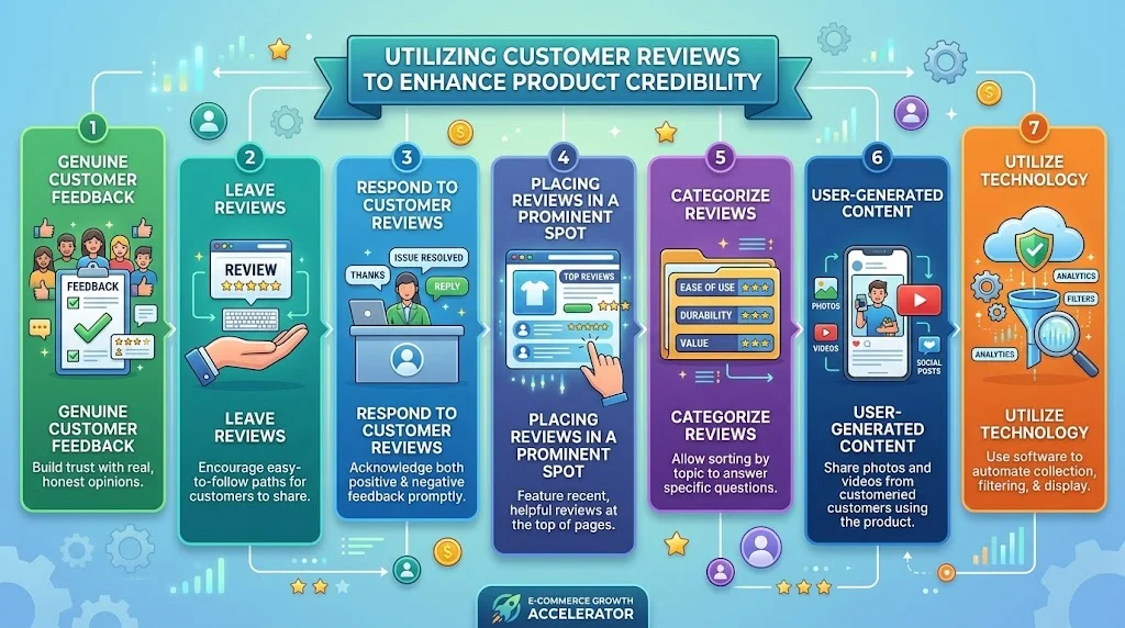 An infographic titled "UTILIZING CUSTOMER REVIEWS TO ENHANCE PRODUCT CREDIBILITY" displaying seven vertical steps: Genuine Customer Feedback, Encourage Reviews, Respond to Customer Reviews, Prominent Placement, Categorize Reviews, User-Generated Content, and Utilize Technology.