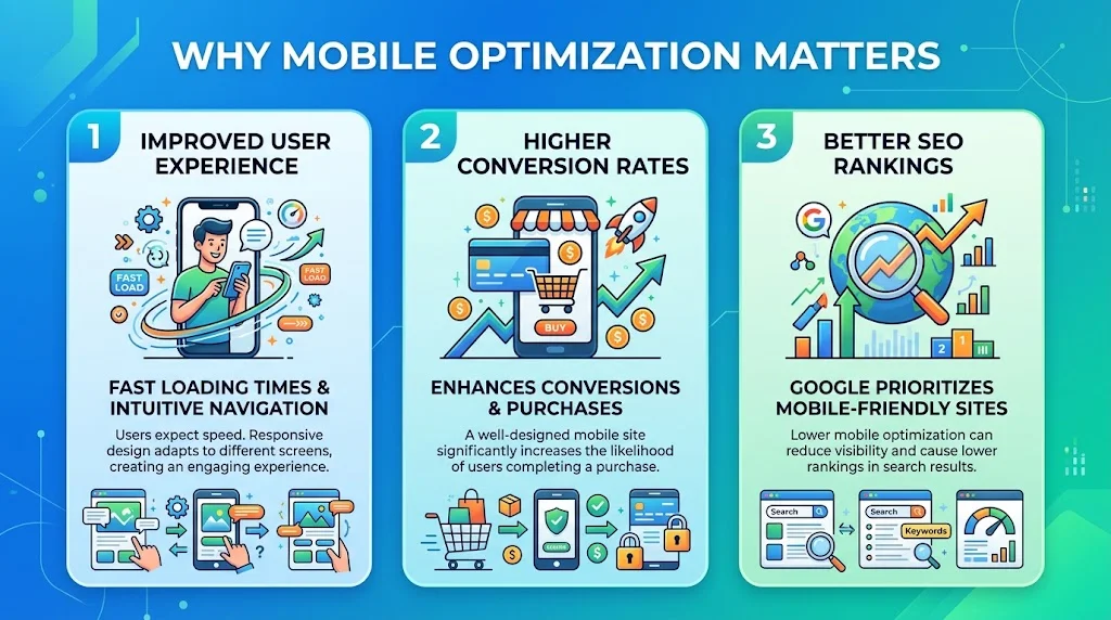 An infographic titled "Why Mobile Optimization Matters" outlining three benefits: improved user experience, higher conversion rates, and better SEO rankings.