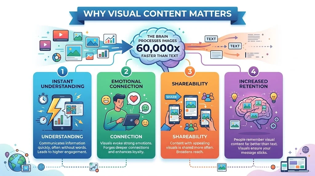 An infographic titled "Why Visual Content Matters" highlighting that the brain processes images 60,000 times faster than text.