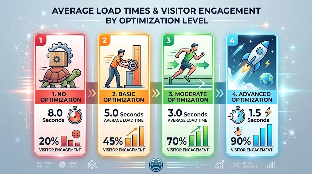 An infographic titled "AVERAGE LOAD TIMES & VISITOR ENGAGEMENT BY OPTIMIZATION LEVEL" comparing four levels from "No Optimization" (8.0 seconds, 20% engagement) to "Advanced Optimization" (1.5 seconds, 90% engagement).