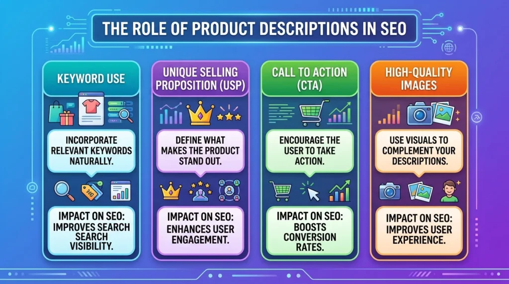 Infographic outlining four key roles of product descriptions in SEO: Keyword Use, Unique Selling Proposition, Call to Action, and High-Quality Images.