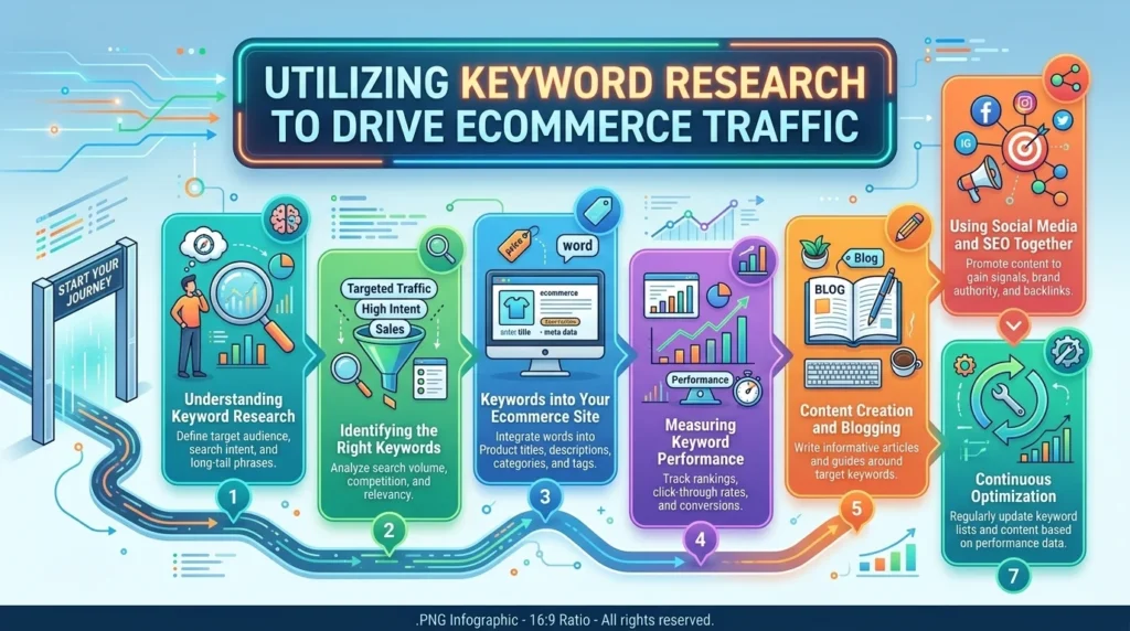 A horizontal infographic illustrating seven colorful steps to use keyword research for increasing ecommerce traffic, from understanding concepts to continuous optimization.