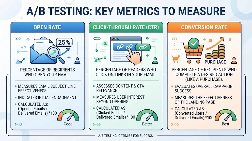 Infographic titled "A/B TESTING: KEY METRICS TO MEASURE" showing three columns: Open Rate (with magnifying glass and percentage), Click-Through Rate (hand clicking link), and Conversion Rate (shopping cart and coins), each with descriptions and formulas.