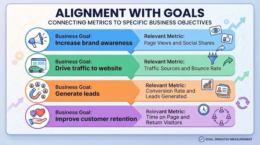 An infographic titled 'ALIGNMENT WITH GOALS' showing four color-coded sections: Increase brand awareness (megaphone, Page Views/Social Shares), Drive traffic to website (car, Traffic Sources/Bounce Rate), Generate leads (magnet, Conversion Rate/Leads Generated), and Improve customer retention (heart, Time on Page/Return Visitors).