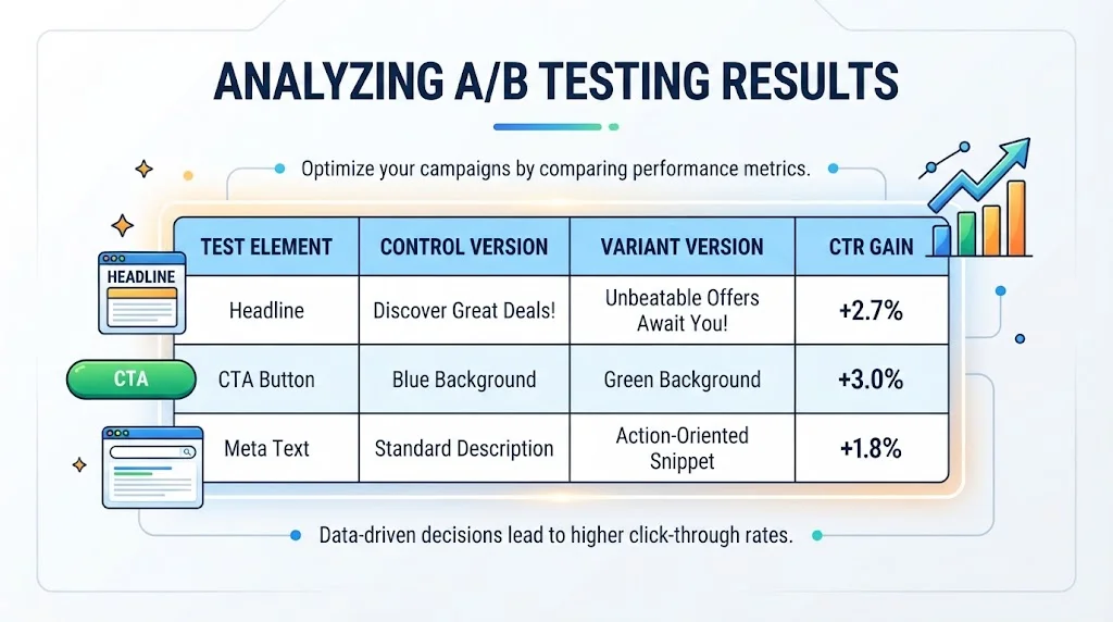 A 16:9 infographic displaying A/B testing results, featuring a structured data table comparing control versus variant versions for headlines, CTA buttons, and meta text with corresponding CTR gains.