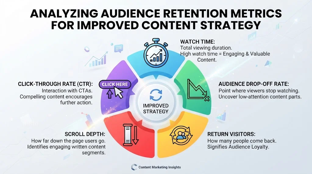 An infographic titled "ANALYZING AUDIENCE RETENTION METRICS FOR IMPROVED CONTENT STRATEGY" features five segments around a central "IMPROVED STRATEGY" icon