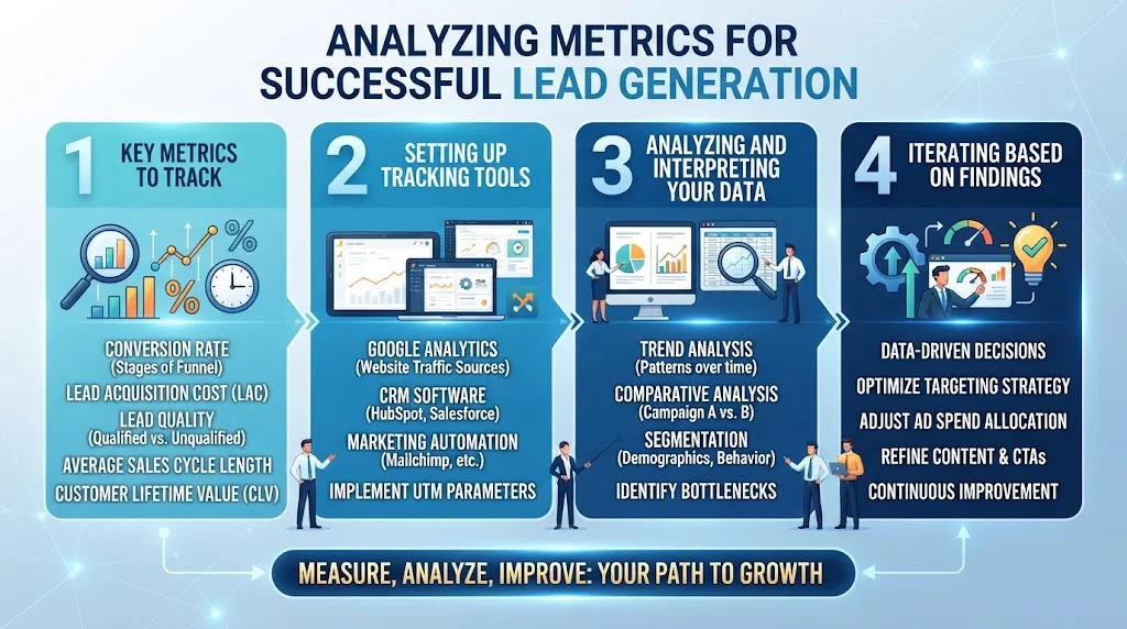 An infographic explaining how to analyze metrics for successful lead generation in four steps: tracking key metrics, setting up tracking tools, analyzing data, and iterating based on findings.