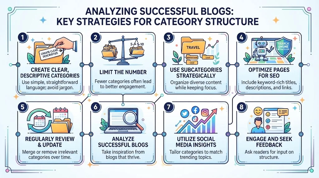 Infographic outlining eight key strategies for analyzing successful blog category structures, covering clear descriptions, limiting categories, subcategories, SEO, regular updates, social media insights, and reader feedback.