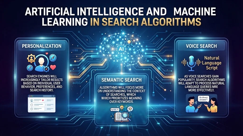 An infographic titled "ARTIFICIAL INTELLIGENCE AND MACHINE LEARNING IN SEARCH ALGORITHMS" with a central glowing AI brain.