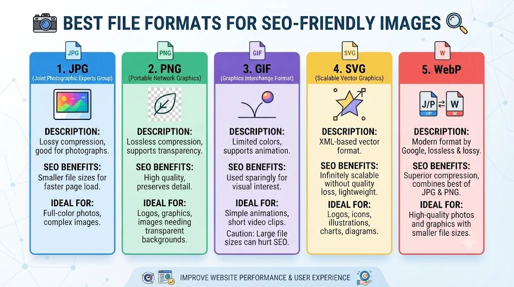 Infographic comparing five image file formats for SEO-friendly images: JPG, PNG, GIF, SVG, and WebP, detailing descriptions, SEO benefits, and ideal use cases for each.