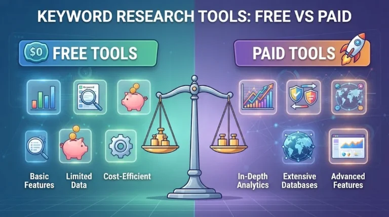 Infographic comparing free and paid keyword research tools, featuring a central balance scale, icons for basic features vs. advanced analytics, and the title "KEYWORD RESEARCH TOOLS: FREE VS PAID"