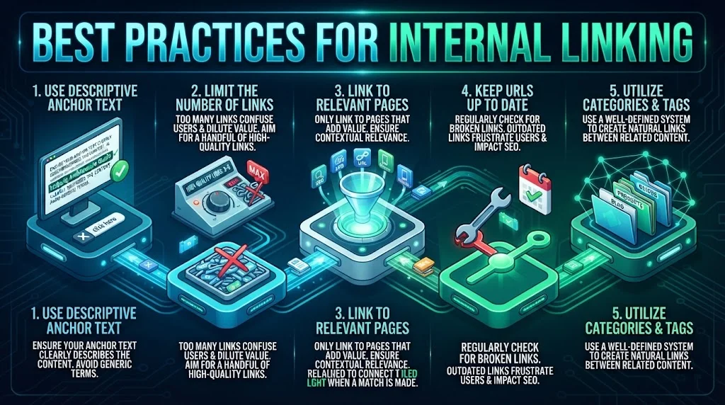 An isometric infographic titled 'BEST PRACTICES FOR INTERNAL LINKING' detailing five key strategies: Use Descriptive Anchor Text, Limit the Number of Links, Link to Relevant Pages, Keep URLs Up to Date, and Utilize Categories & Tags, all connected by glowing digital pathways