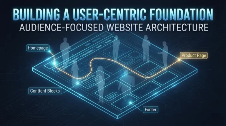 A high-tech visualization of a glowing blue website blueprint titled 'BUILDING A USER-CENTRIC FOUNDATION', with translucent user silhouettes and a golden pathway tracing a journey from the homepage to a product page