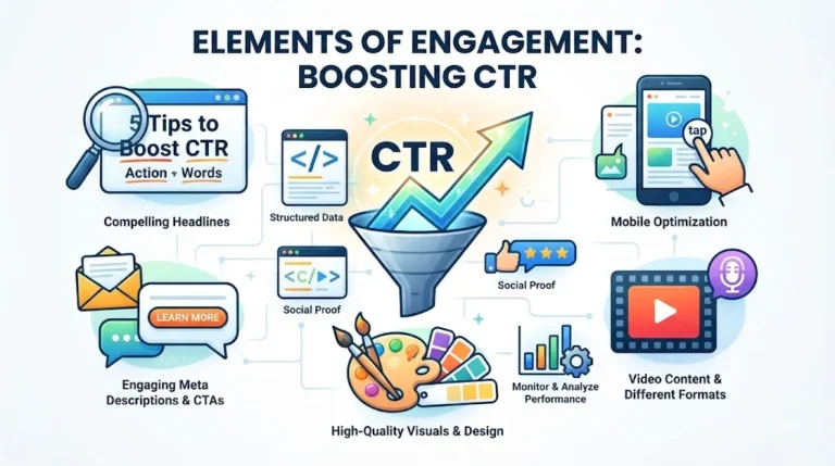 A 16:9 digital illustration collage showing digital marketing elements for boosting click-through rates, including a magnifying glass, smartphone, video play button, color palette, and a growth chart.