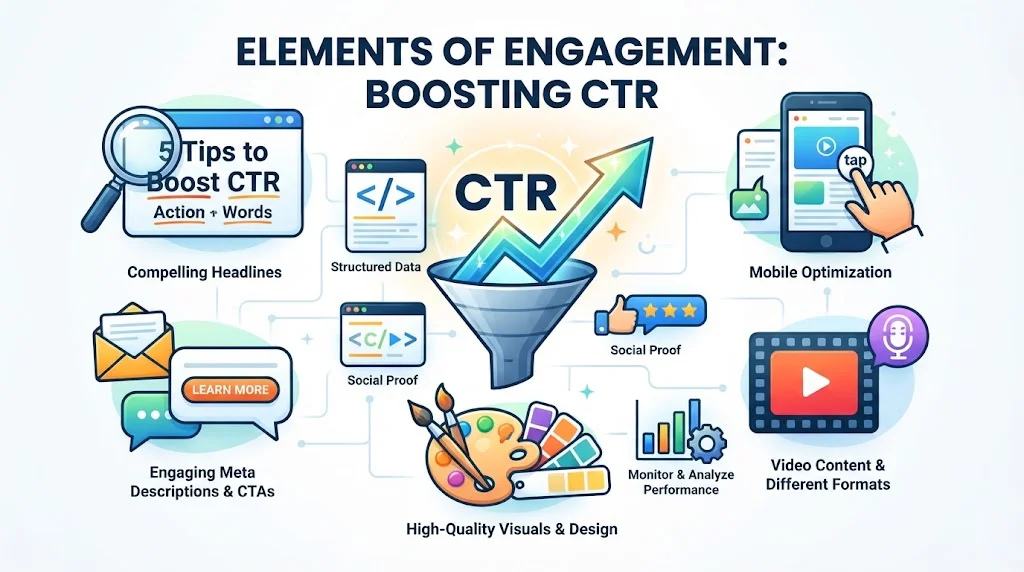A 16:9 digital illustration collage showing digital marketing elements for boosting click-through rates, including a magnifying glass, smartphone, video play button, color palette, and a growth chart.