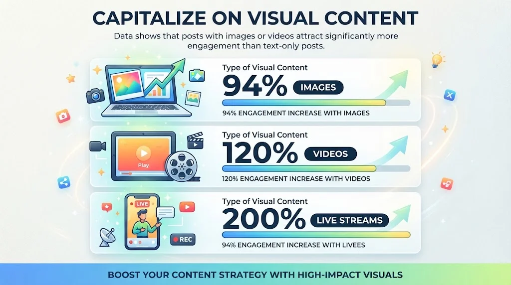An infographic titled "CAPITALIZE ON VISUAL CONTENT" shows that posts with images or videos attract more engagement than text-only posts.