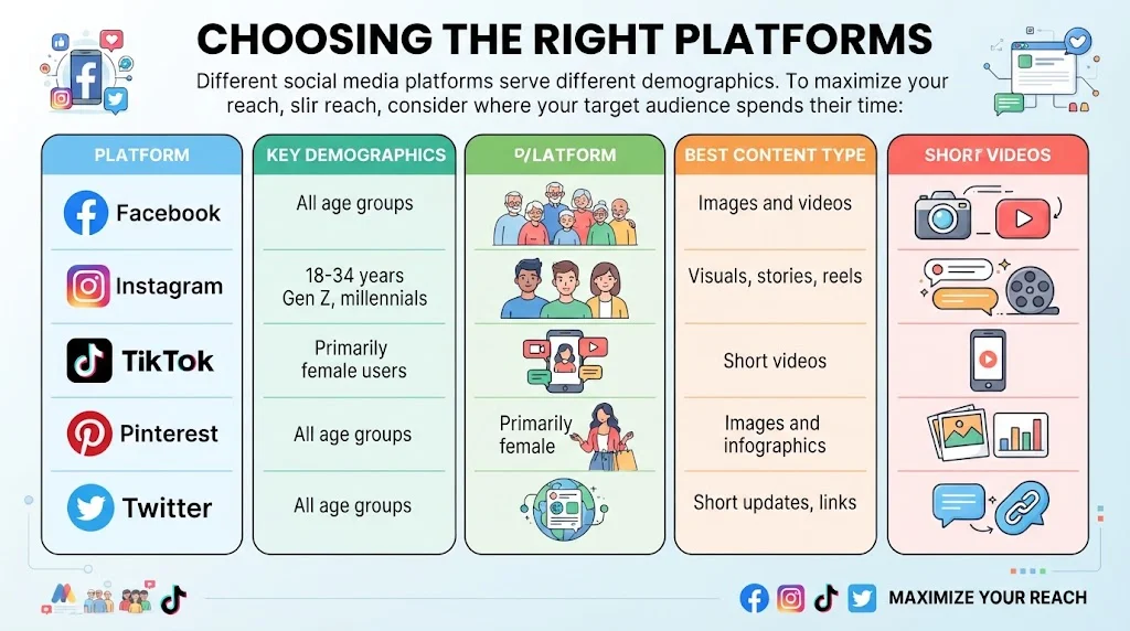 An infographic titled "CHOOSING THE RIGHT PLATFORMS" comparing Facebook, Instagram, TikTok, Pinterest, and Twitter across key demographics and best content types, with illustrative icons.