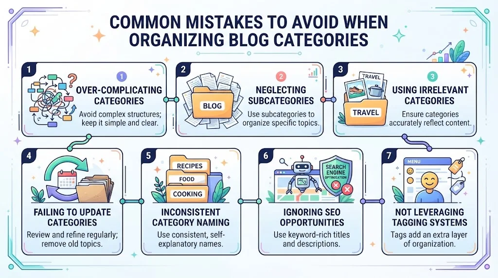 Infographic highlighting seven common mistakes to avoid when organizing blog categories, including over-complicating structures, neglecting subcategories, using irrelevant labels, failing to update, inconsistent naming, ignoring SEO, and overlooking tagging systems. 