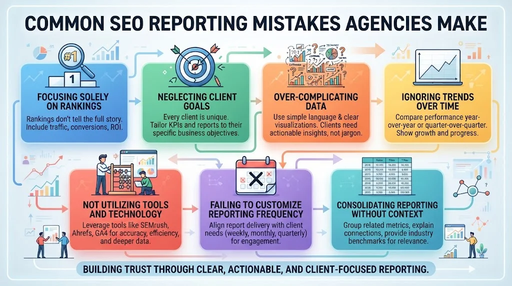 An infographic titled "Common SEO Reporting Mistakes Agencies Make," featuring seven illustrated panels in a grid layout: Focusing Solely on Rankings, Neglecting Client Goals, Over-Complicating Data, Ignoring Trends Over Time, Not Utilizing Tools and Technology, Failing to Customize Reporting Frequency, and Consolidating Reporting without Context.