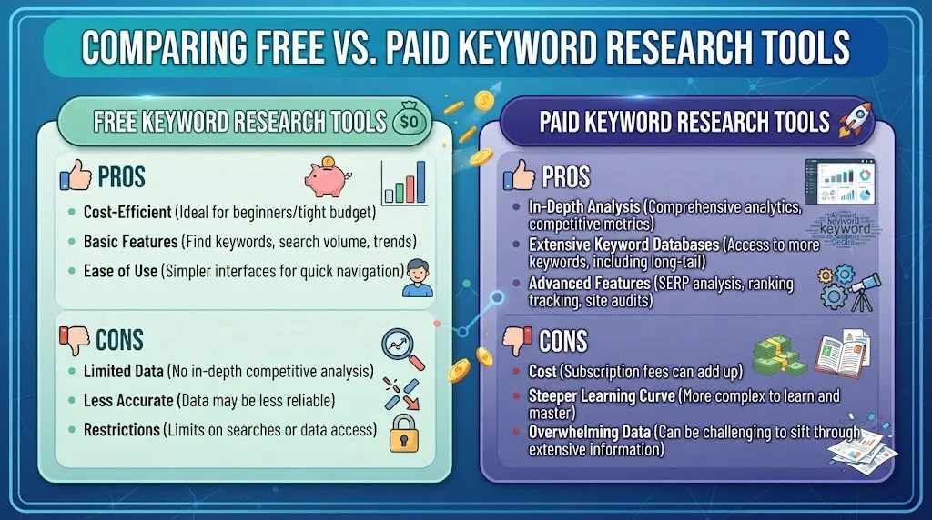 Infographic comparing the pros and cons of free versus paid keyword research tools, detailing cost-efficiency, data limitations, analytics depth, and pricing considerations.