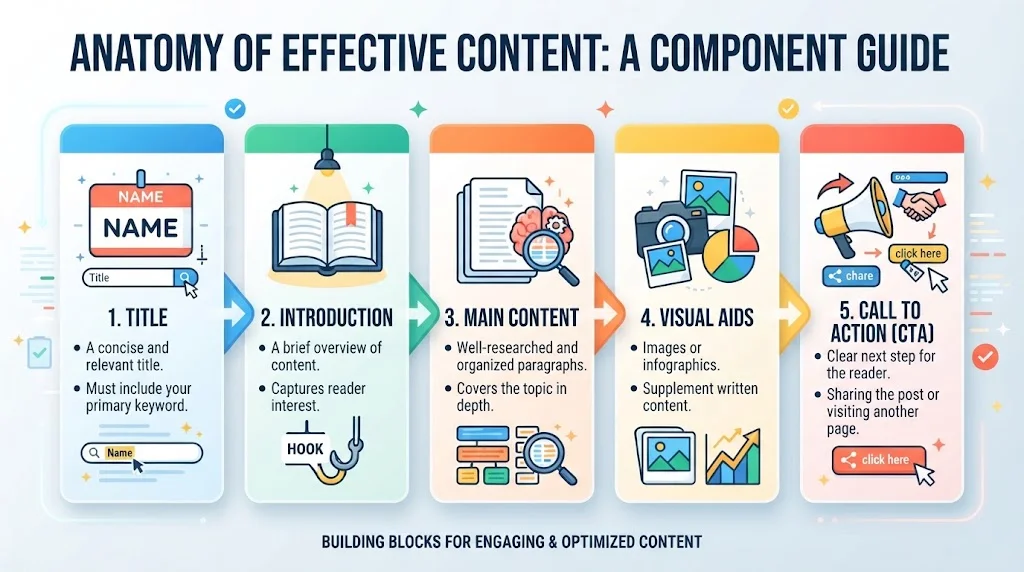 An infographic illustrating the core content components of an effective article, including the title, introduction, main content, visual aids, and call to action.