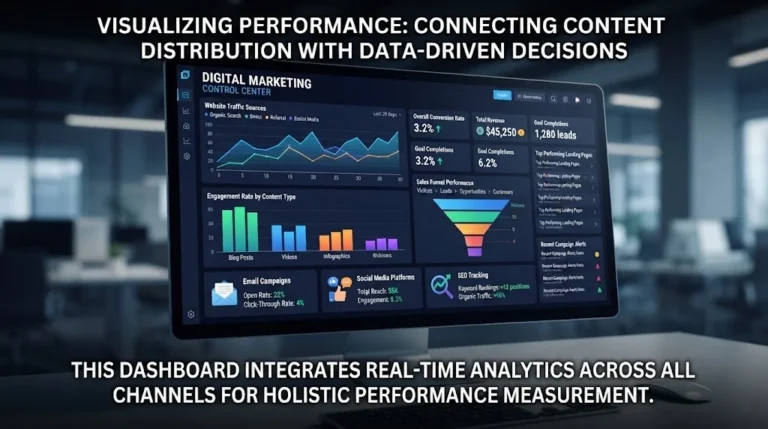 A sleek digital marketing control dashboard displayed on a modern monitor, featuring real-time analytics, conversion graphs, and miniature icons for email campaigns, social platforms, and SEO tracking.