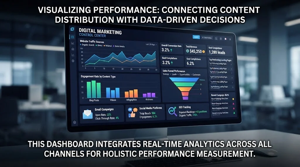 A sleek digital marketing control dashboard displayed on a modern monitor, featuring real-time analytics, conversion graphs, and miniature icons for email campaigns, social platforms, and SEO tracking.