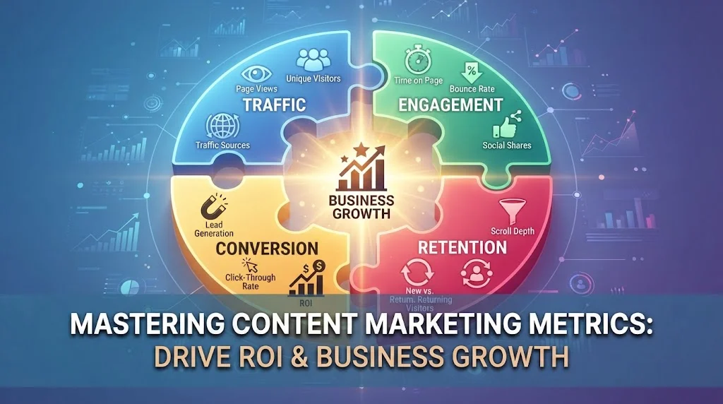 A circular puzzle infographic visualizes business growth through four interlocking segments: Traffic, Engagement, Conversion, and Retention, each displaying key metrics and icons.