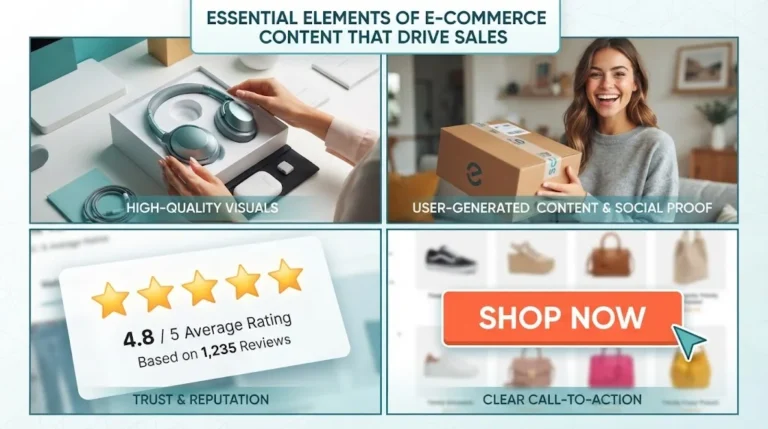 A four-panel marketing collage illustrating e-commerce success factors: unboxing headphones, a happy customer with a package, a 4.8-star rating, and a 'SHOP NOW' button.